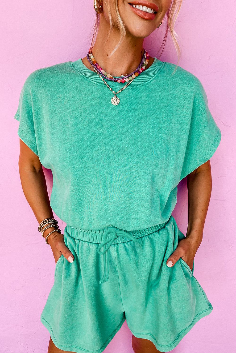 Mineral Wash Drawstring Elastic Waistband Hollow Out Back Short Sleeve Romper