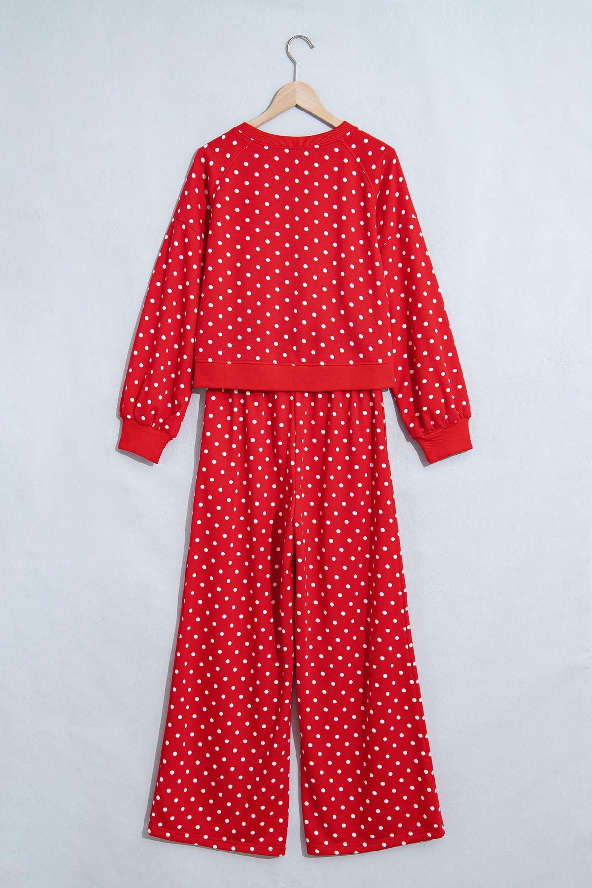 Polka dot drawstring long sleeve top and wide-leg pants two-piece set from Dear-Lover featuring casual, stylish loungewear.