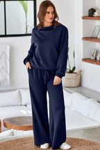 Solid color cowl neck drawstring pullover and wide-leg athleisure pants set by Dear-Lover, casual two-piece outfit for comfortable style.