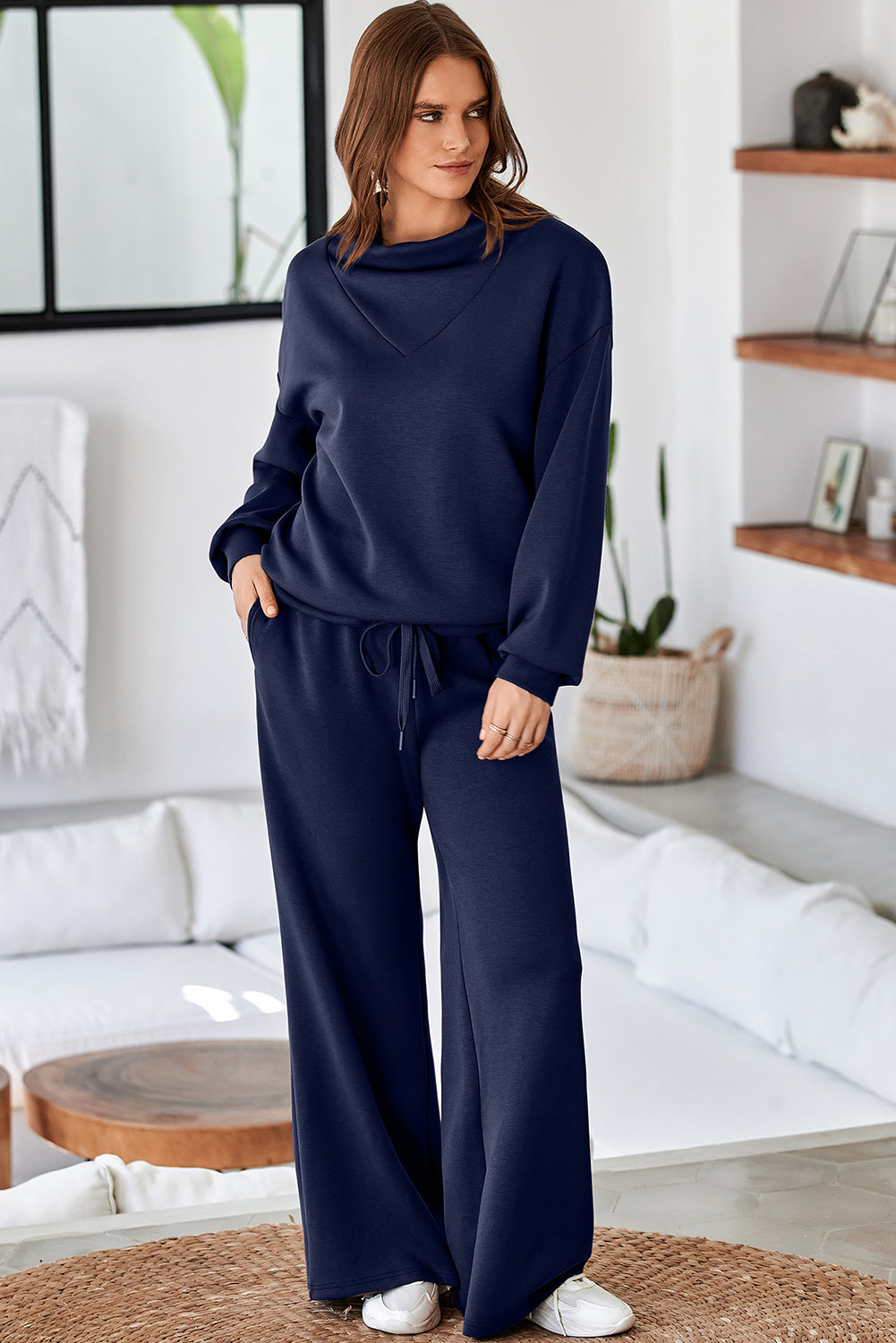 Solid color cowl neck drawstring pullover and wide-leg athleisure pants set by Dear-Lover, casual two-piece outfit for comfortable style.