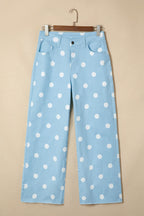 Sky Blue Polka Dot Print Raw Hem Shift Jeans