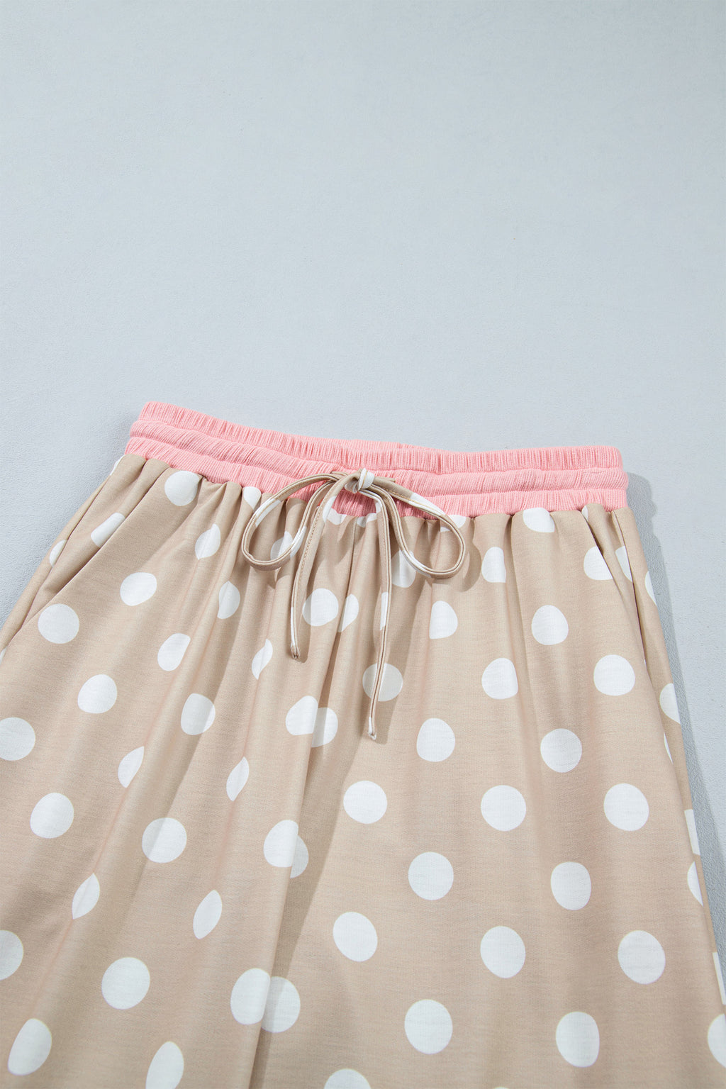 Khaki Polka Dot Contrast Trim Long Sleeve Top Drawstring Shift Pants Set