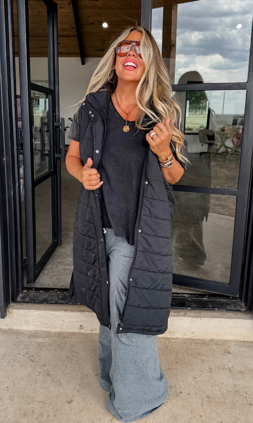 Kendall Long Puffer Vest - BLACK