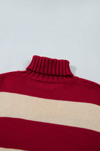 Red Stripe Ribbed Trim High Neck Relaxed Pullover Sweater