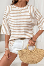 Pink Stripe Textured Knit Split Hem Half Sleeve Loose Top