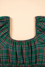 Green Plaid Shirred U Neck Short Sleeve Mini Dress