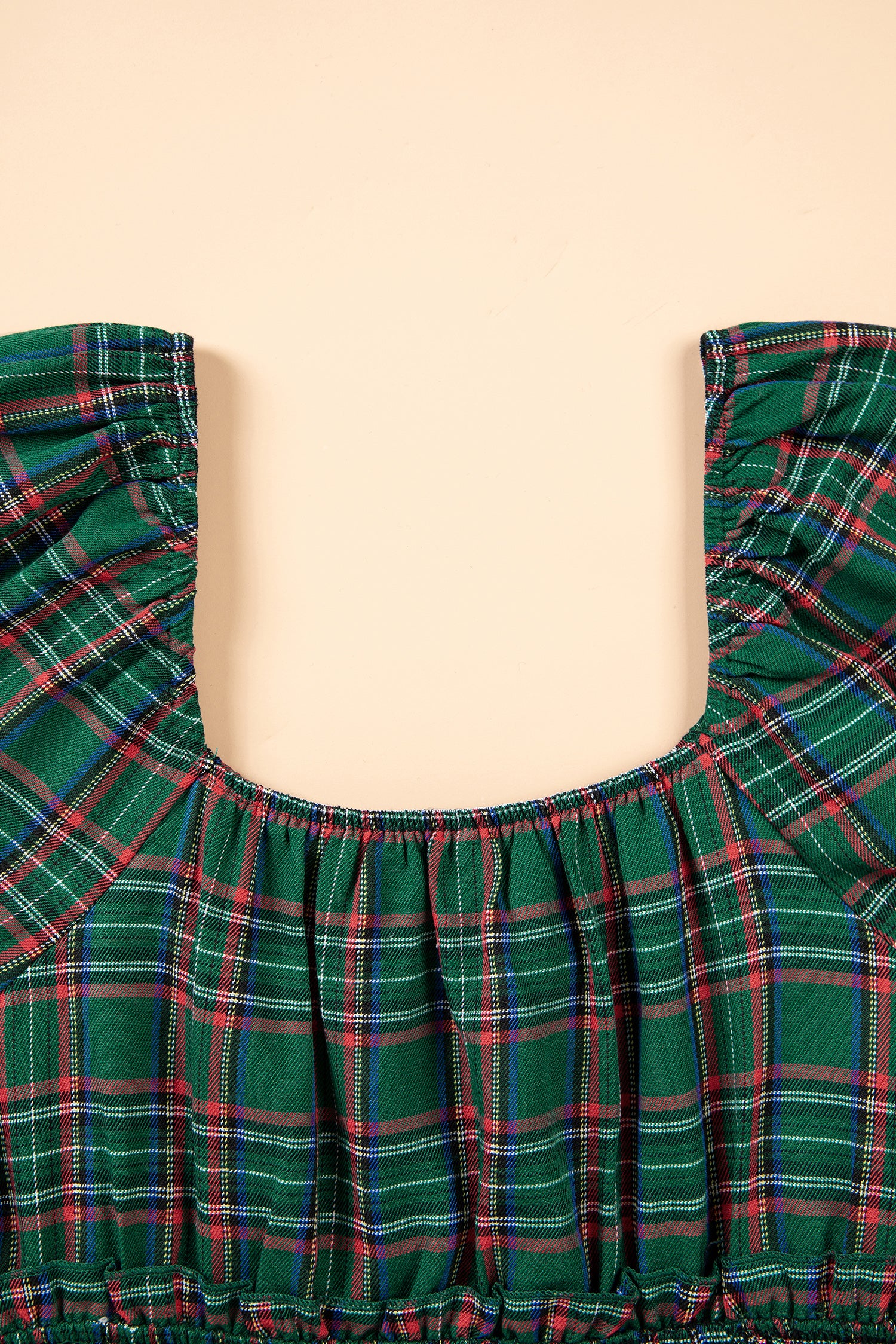Green Plaid Shirred U Neck Short Sleeve Mini Dress