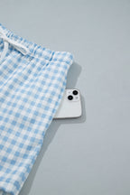 Sky Blue Plaid Baggy Pullover Drawstring Casual Shorts 2pcs Outfit