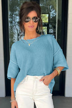 Mist Blue Exposed Seam Detail Half Sleeve Loose Sweater
