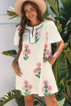 Floral Short Sleeve Split Neck Loose Mini Dress