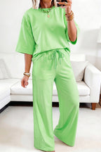 Lace Patchwork Half Sleeve Top Elastic Waist Pants Two Piece Set
