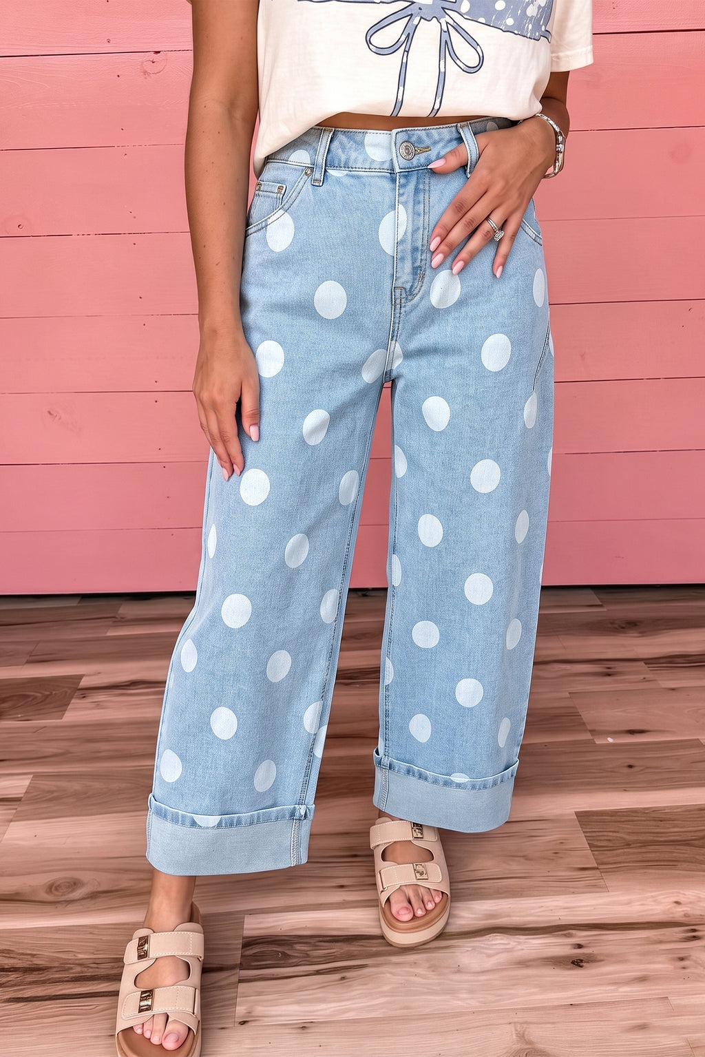 Polka Dot Ankle-Length Metal Button Casual Jeans