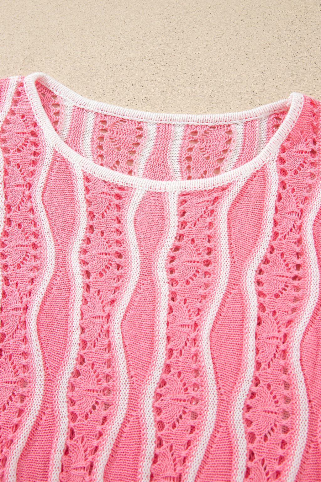 Pink Wavy Detail Hollow Out Knit Long Sleeve Cotton Pullover Sweater