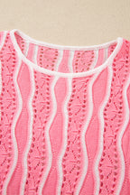 Pink Wavy Detail Hollow Out Knit Long Sleeve Cotton Pullover Sweater