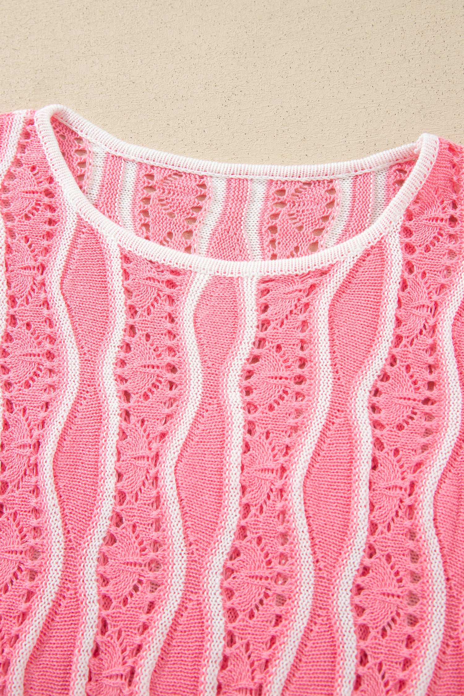 Pink Wavy Detail Hollow Out Knit Long Sleeve Cotton Pullover Sweater