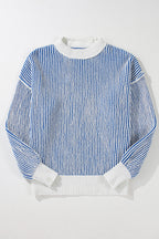 Striped Textured Knit Contrast Edge Loose Sweater