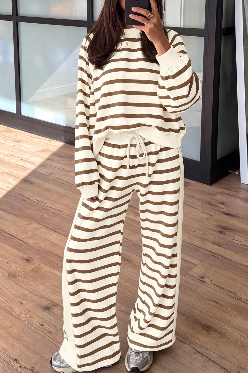 Stripe relaxed long sleeve top with color block detail and drawstring pant set by Dear-Lover, casual two-piece outfit.