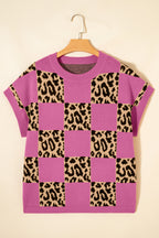 Black Leopard Checkerboard Short Sleeve Knit Sweater