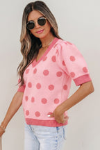 Rose Red Polka Dot Puff Short Sleeve Sweater Top