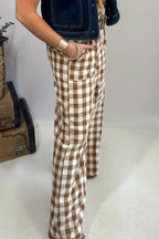 Brown gingham plaid tie elastic waist shift pants by Dear-Lover, featuring a relaxed fit and casual style, suitable for everyday wear.