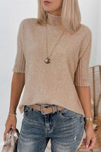 Beige Ribbed Trim High Neck Short Sleeve Casual Sweater