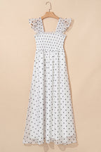 White Polka Dot Flutter Sleeve Square Neck Smocked Maxi Dress