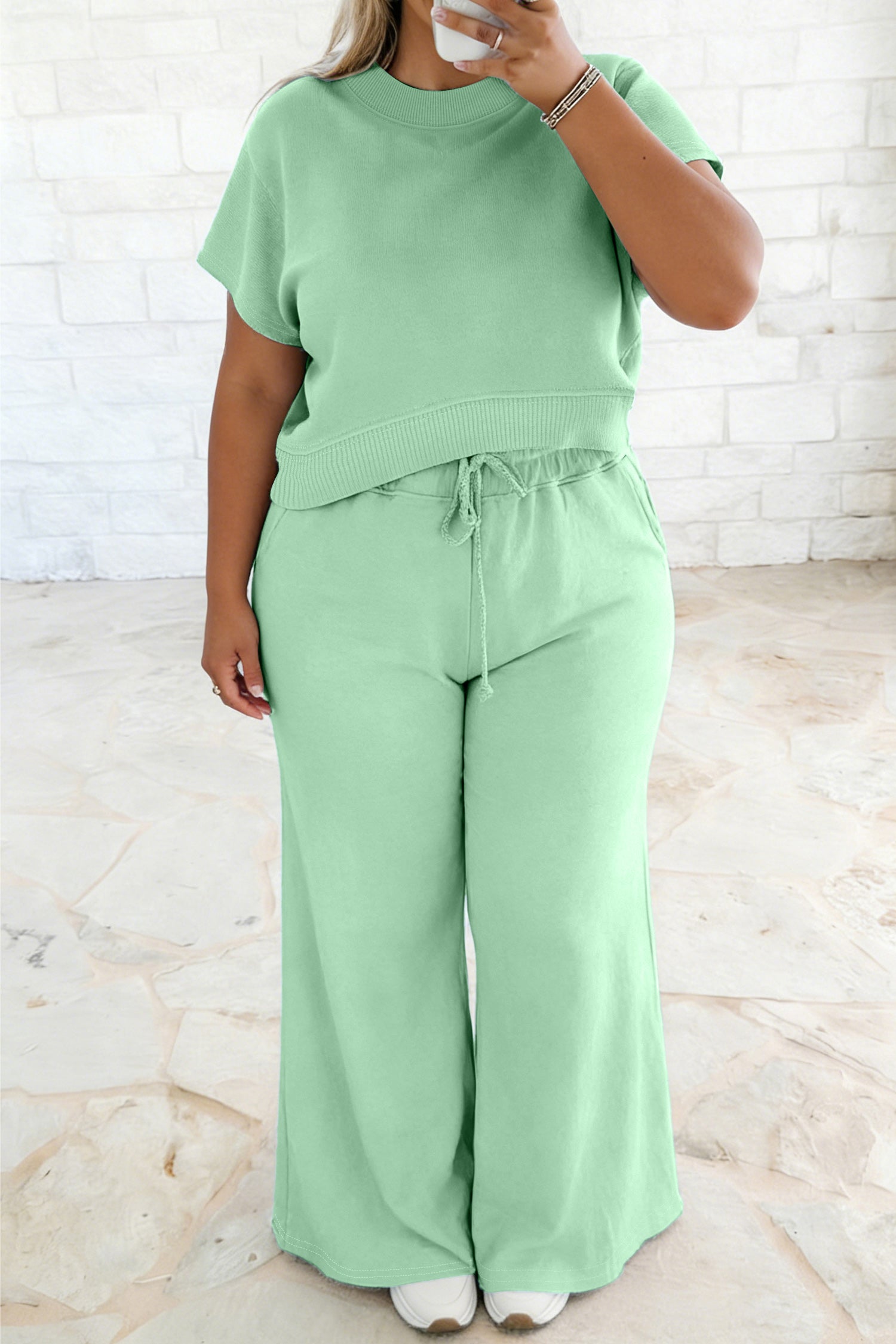 Mist Blue Solid Color Ribbed Trim Short Sleeve Top Drawstring Loose Pants 2pcs Outfit