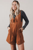 Cinnamon Solid Color Tie V Neck Sleeveless Corduroy Romper