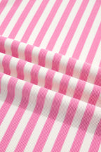 Pink Striped Long Sleeve Crew Neck Drawstring Waist Shorts Set