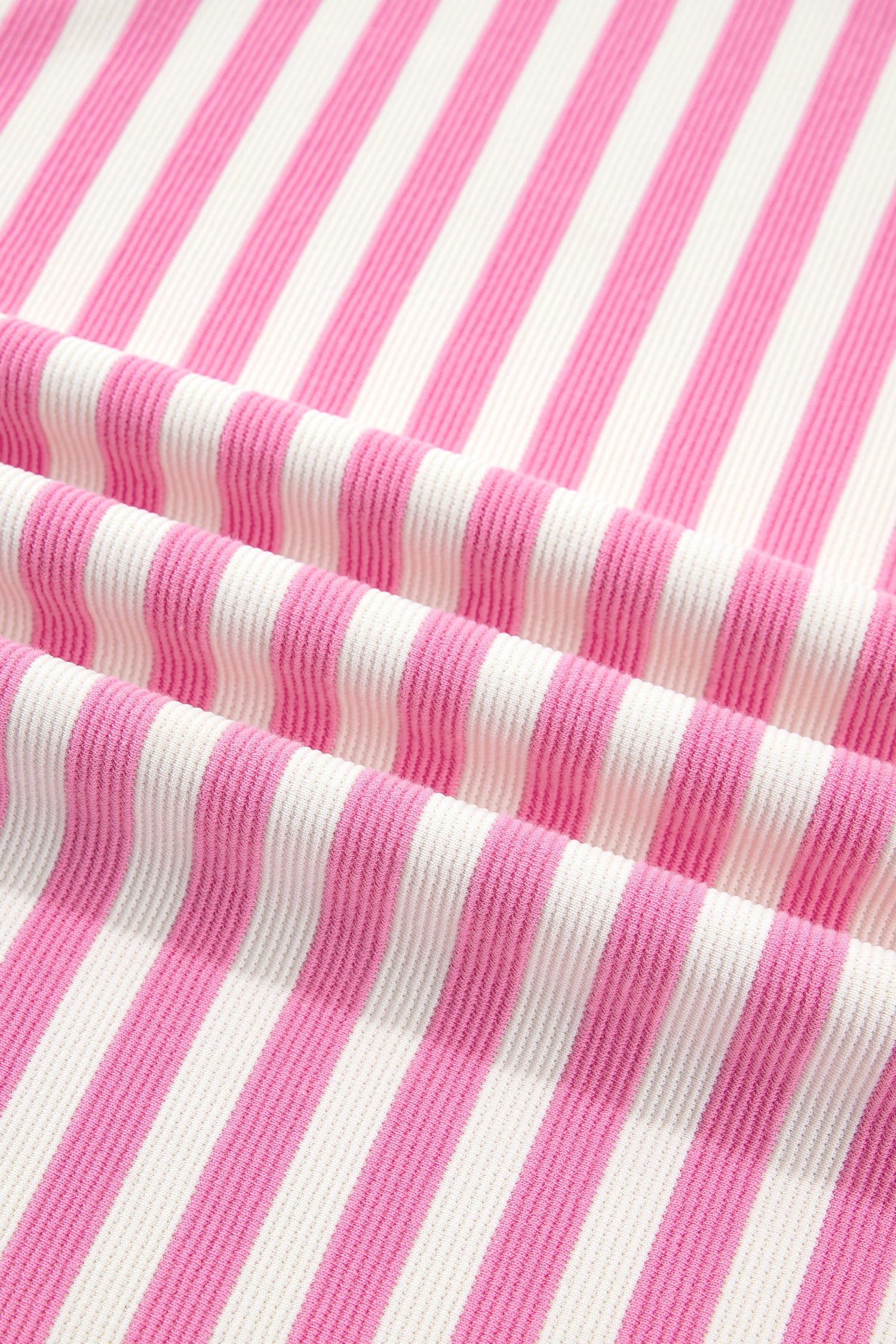 Pink Striped Long Sleeve Crew Neck Drawstring Waist Shorts Set