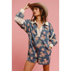 WASHED FLORAL DENIM ROMPER WITH CONTRAST COLLAR