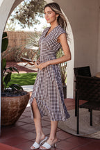 Coffee Plaid Print Full Zipper Cinched Waist Fit Flare Sleeveless Maxi Dress