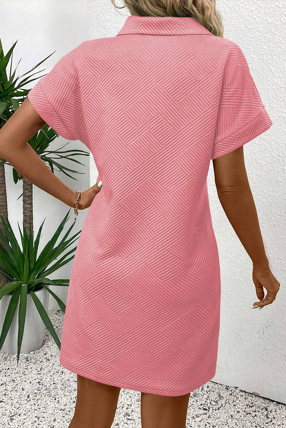 Solid Color Textured Short Sleeve A Line Mini Dress