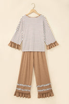 Gray Stripe V Neck Ruffle Contrast Sleeve Top Drawstring Pants 2pcs Set