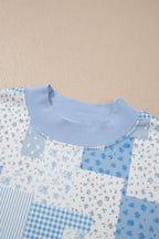 Sky Blue Patchwork Floral Print Stand Neck Long Sleeve Two-piece Outfit Plus Size Set