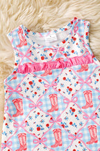 Western boot printed dress with fuchsia ruffle hem. DRG61163 sol