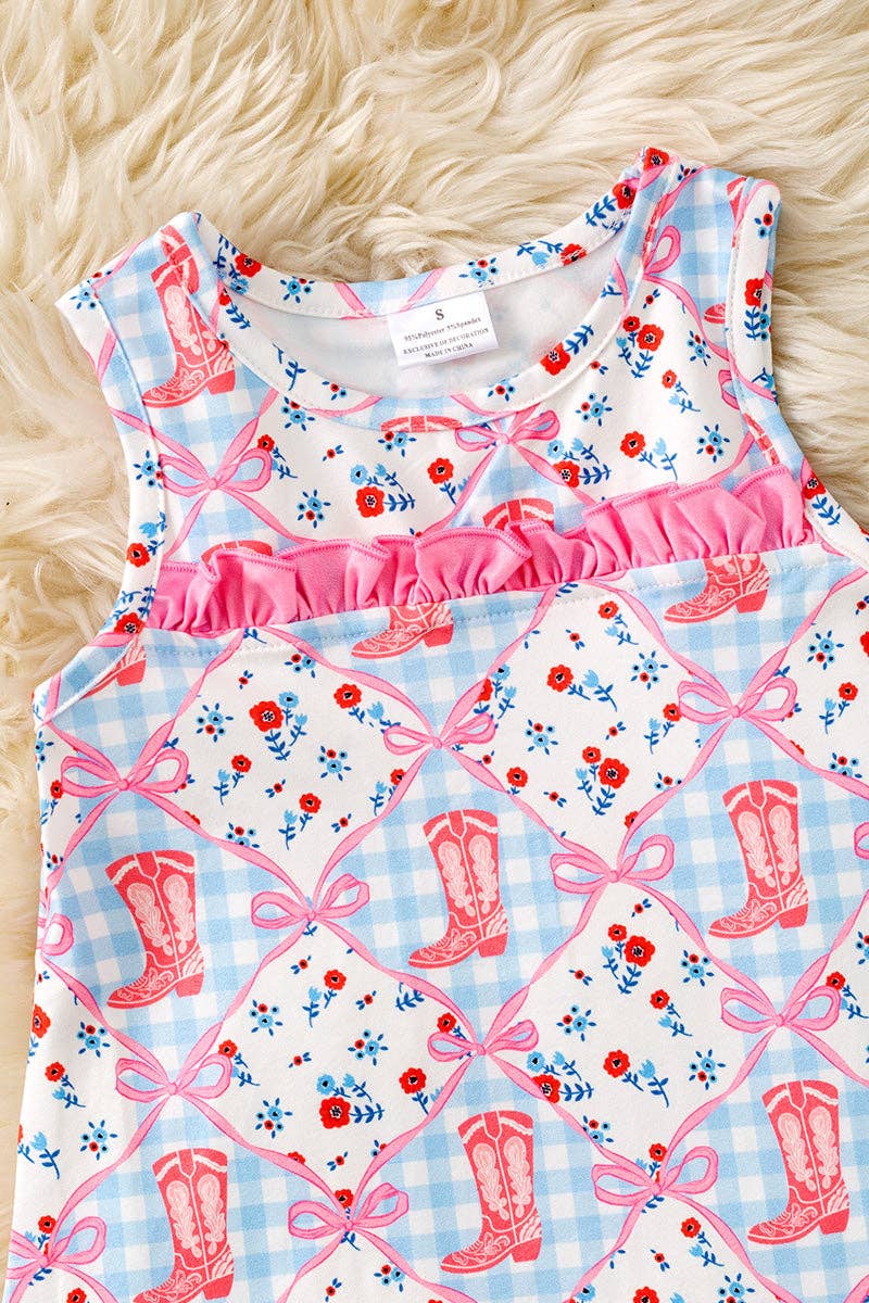 Western boot printed dress with fuchsia ruffle hem. DRG61163 sol