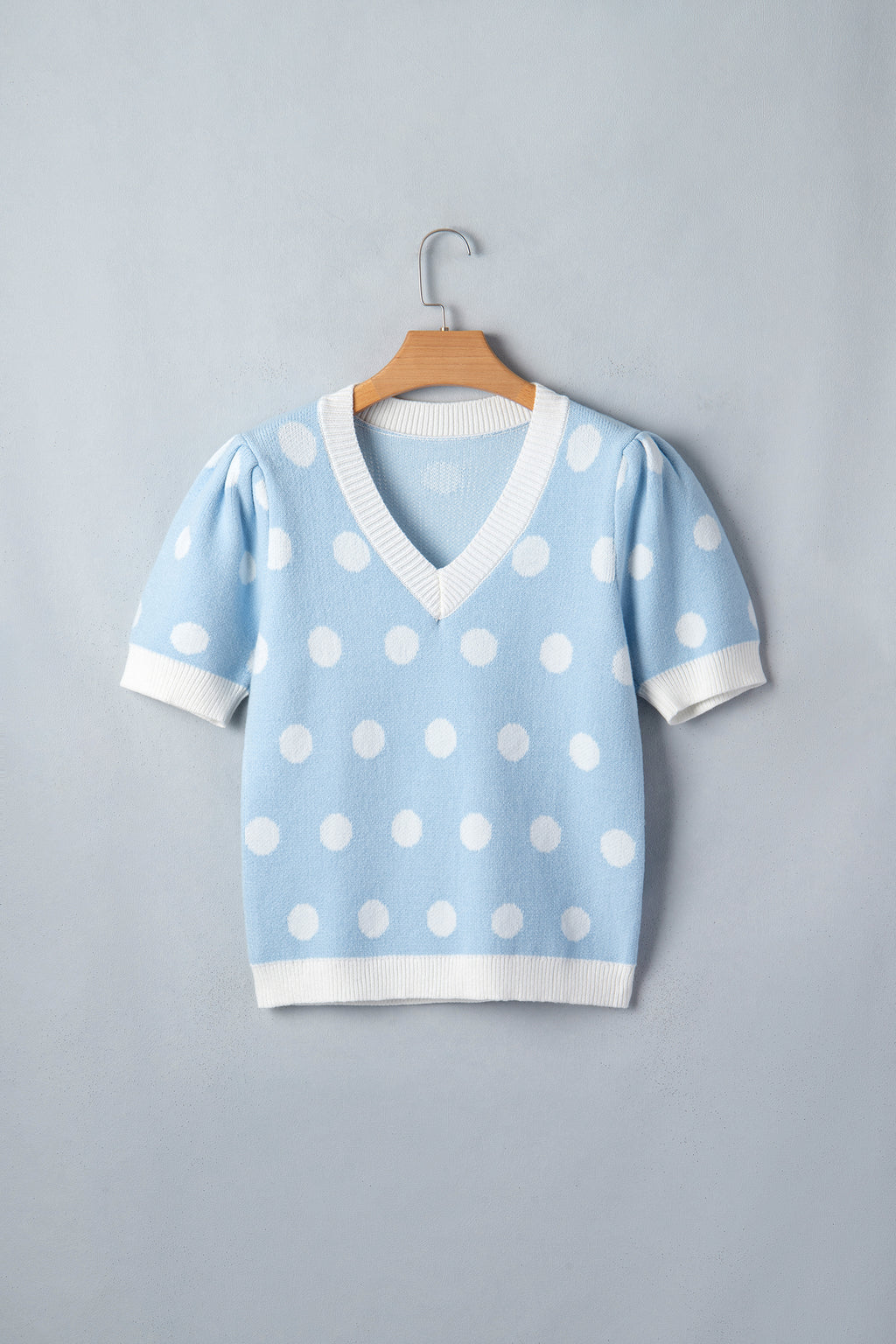 Rose Red Polka Dot Puff Short Sleeve Sweater Top
