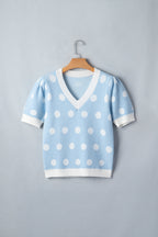 Rose Red Polka Dot Puff Short Sleeve Sweater Top