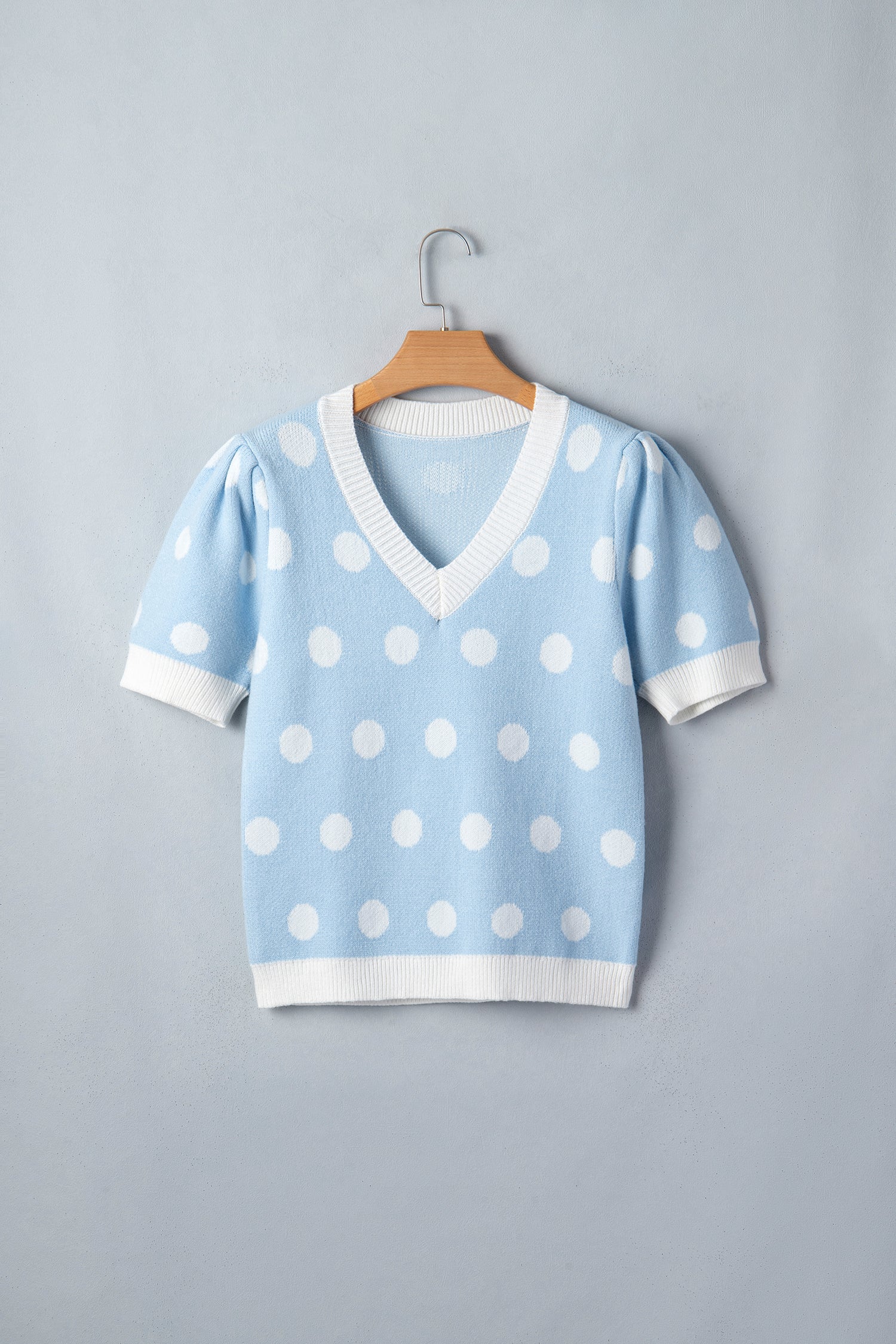 Rose Red Polka Dot Puff Short Sleeve Sweater Top