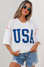 Fiery Red USA Graphic Half Sleeve Loose Ribbed Top