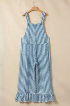 Myosotis Striped Distressed Ruffled Wide Leg Denim Overalls