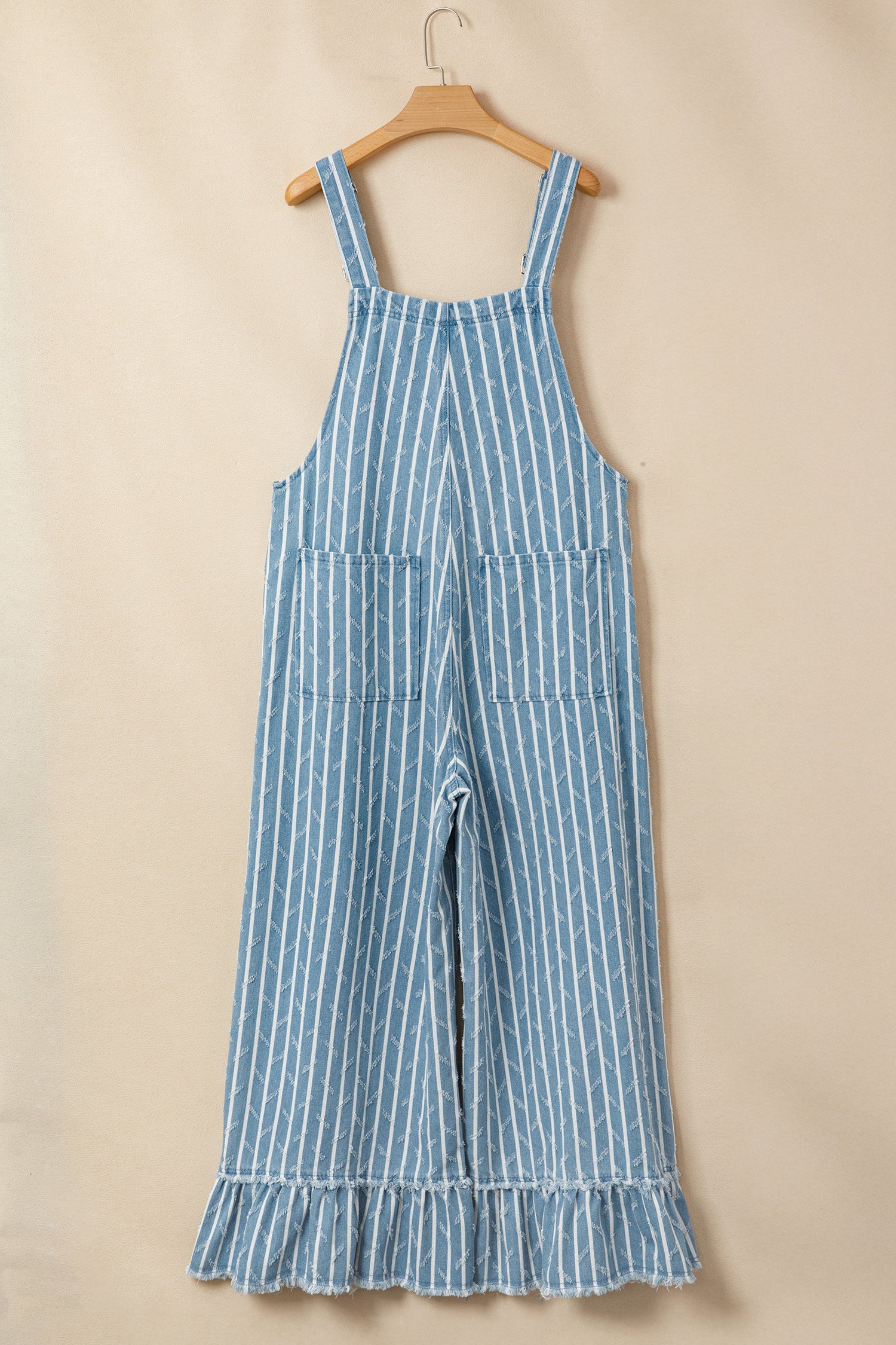 Myosotis Striped Distressed Ruffled Wide Leg Denim Overalls