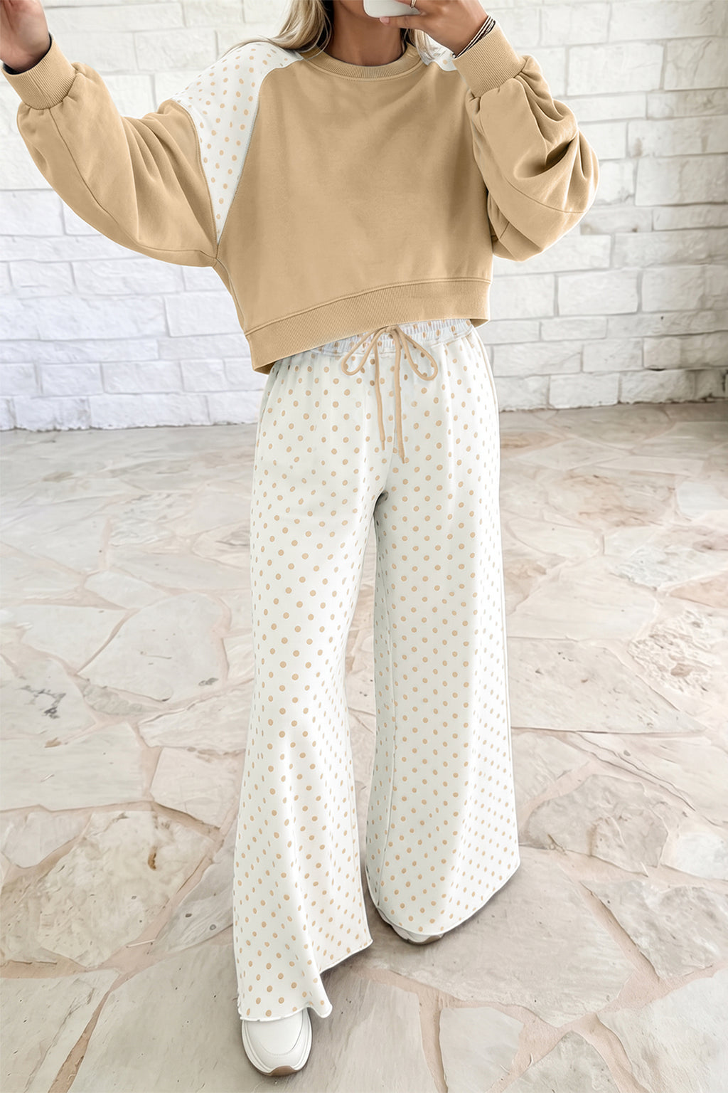 Polka dot patchwork colorblock long sleeve two-piece pants set by Dear-Lover with casual style and vibrant pattern.