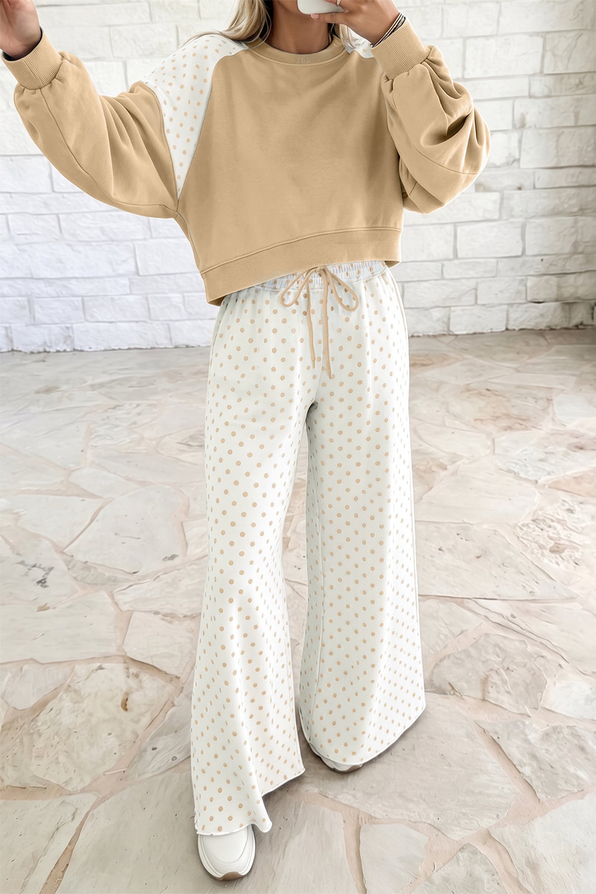 Polka dot patchwork colorblock long sleeve two-piece pants set by Dear-Lover with casual style and vibrant pattern.
