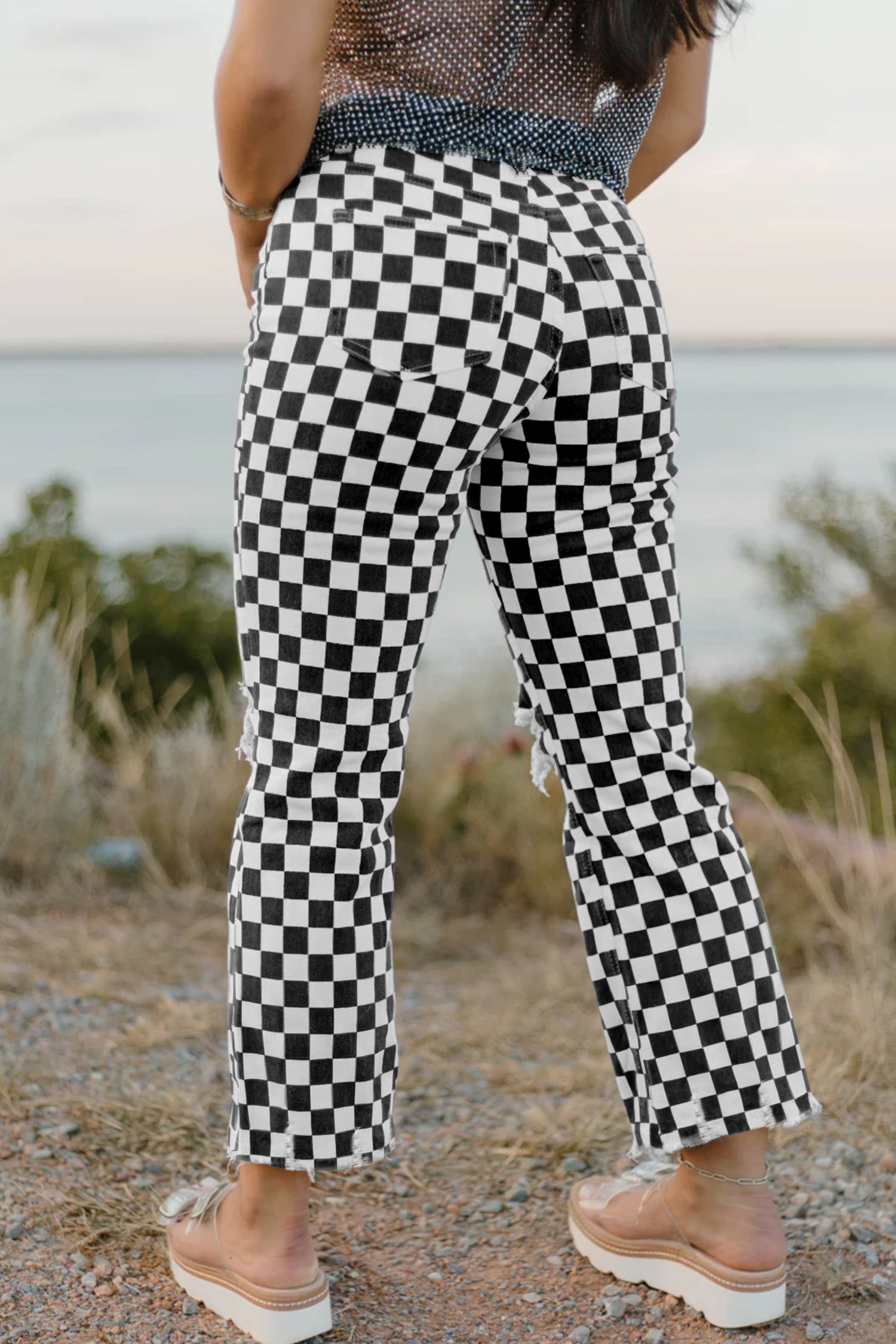 Black Checkerboard Print Distressed Holes Raw Edge Cropped Jeans