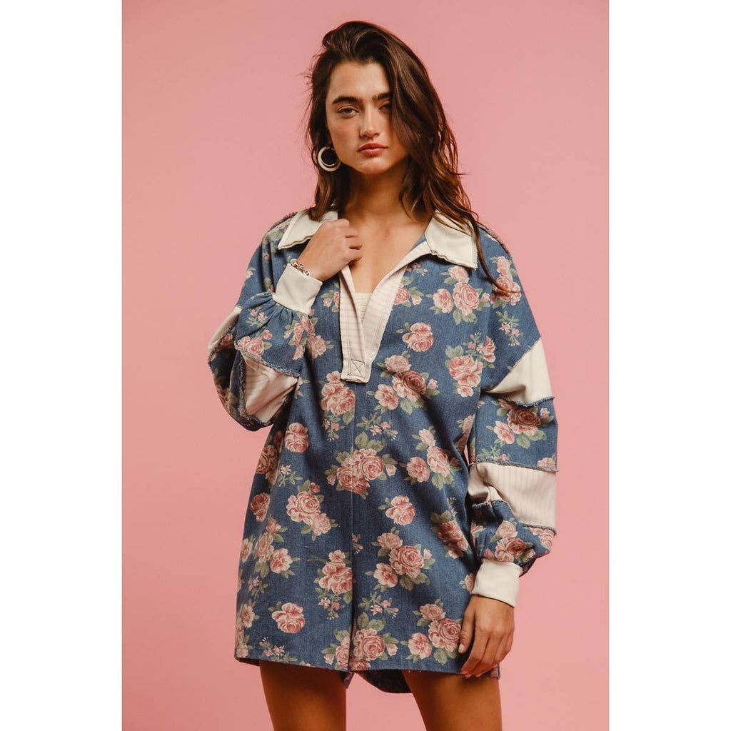 WASHED FLORAL DENIM ROMPER WITH CONTRAST COLLAR