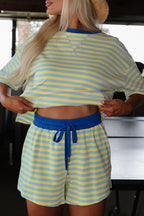 Rose Stripe Drop Shoulder Boxy Casual Terry Short Set
