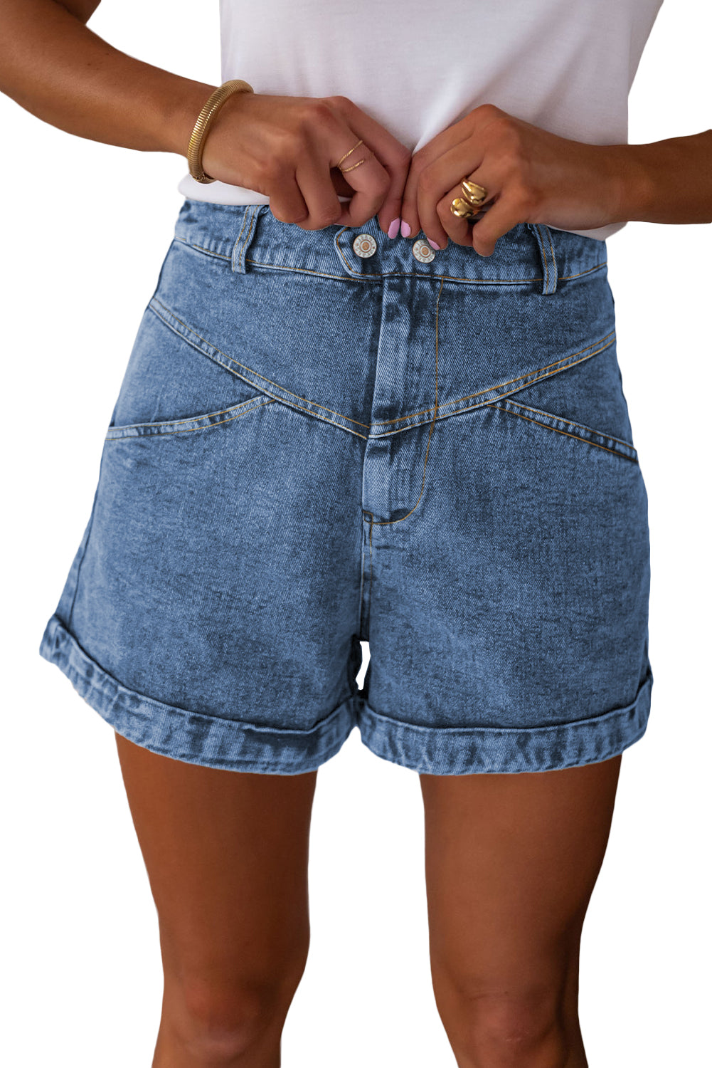 Ivy Seam Detail Pocketed Cuffed Hem Denim Shorts