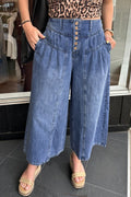 Dusk Blue High Rise Buttons Pleated Cropped Wide Leg Denim Pants